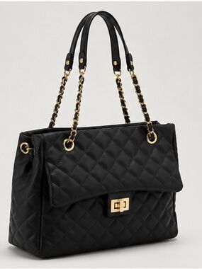 Quilted Chain-Handle Shoulder Bag - Black
